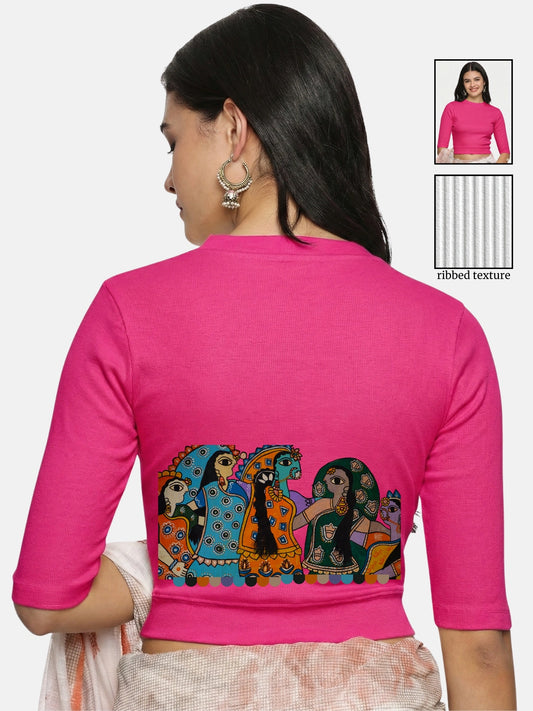 Women Back Printed Stretchable Elbow Sleeve RIB Blouse U0160 Rani Pink