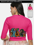 Women Back Printed Stretchable Elbow Sleeve RIB Blouse U0160 Rani Pink