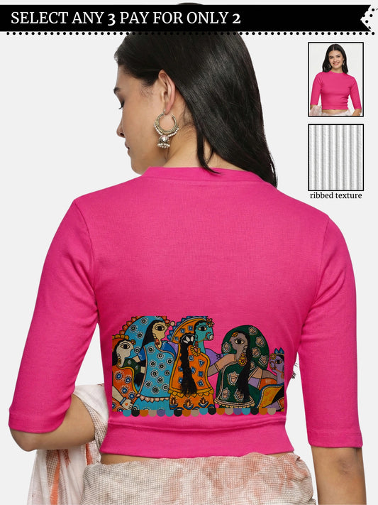 Women Back Printed Stretchable Elbow Sleeve RIB Blouse U0160 Rani Pink