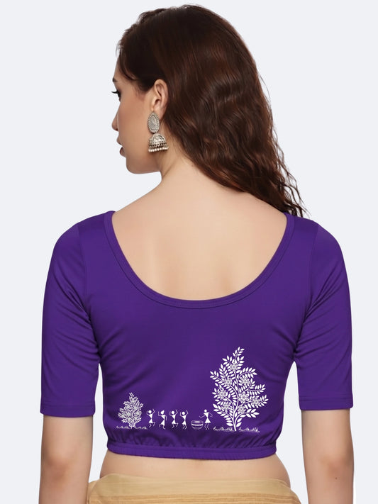 Women Back Printed Stretchable Half Sleeve Blouse U0165 Purple