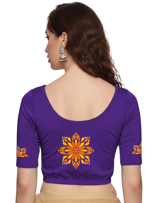Women Back Printed Stretchable Half Sleeve Blouse U0175 Purple