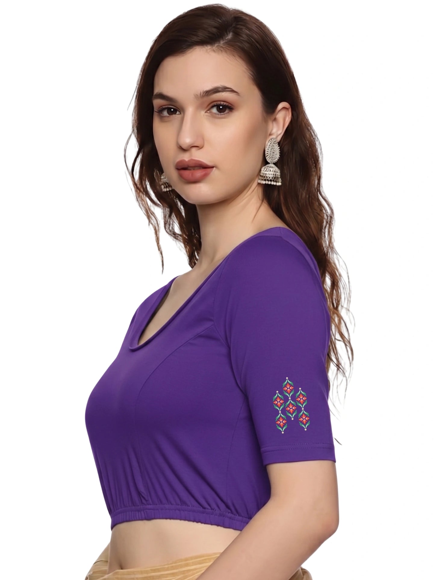 Women Back Printed Stretchable Half Sleeve Blouse U0178 Purple