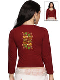 Women Three Fourth Sleeve Back Print Stretchable Blouse U0183 Maroon