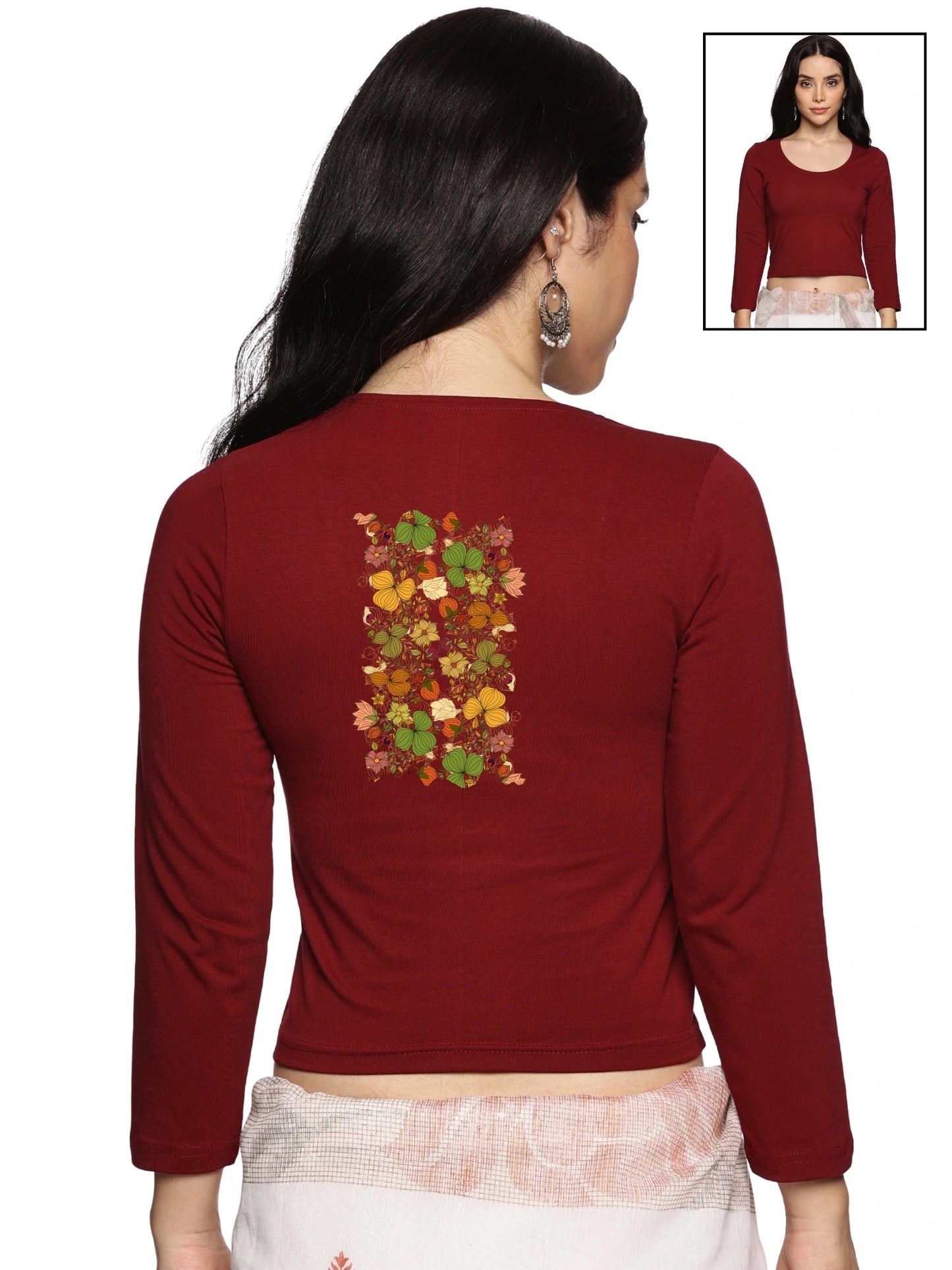 Women Three Fourth Sleeve Back Print Stretchable Blouse U0183 Maroon