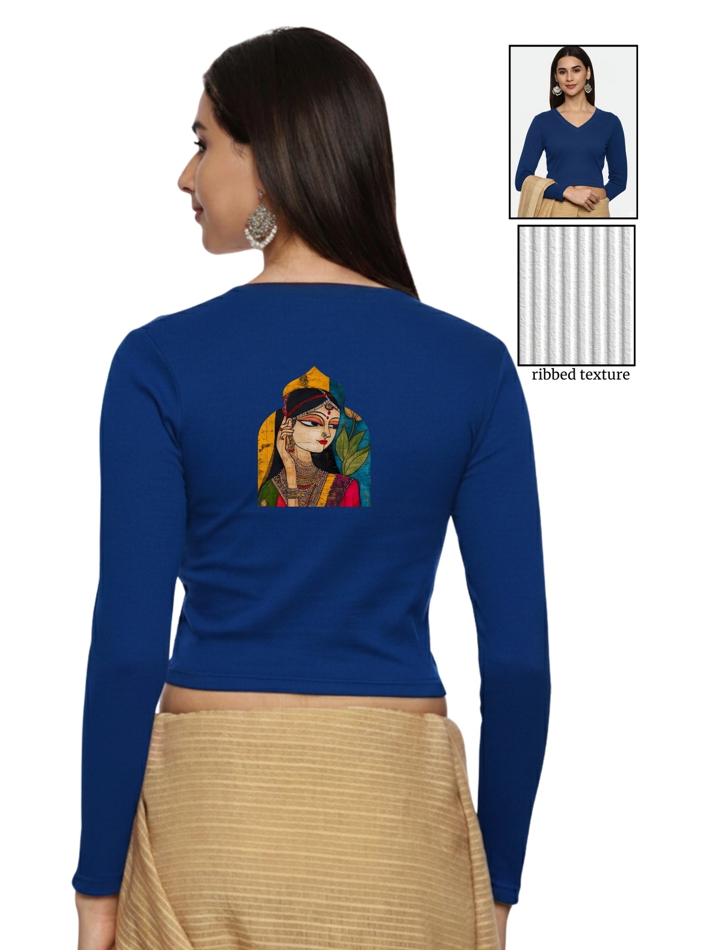 Women Back Printed Stretchable Full Sleeve V Neck RIB Blouse U0185 Royal Blue