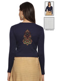Women Back Printed Stretchable Full Sleeve V Neck RIB Blouse U0190 Navy