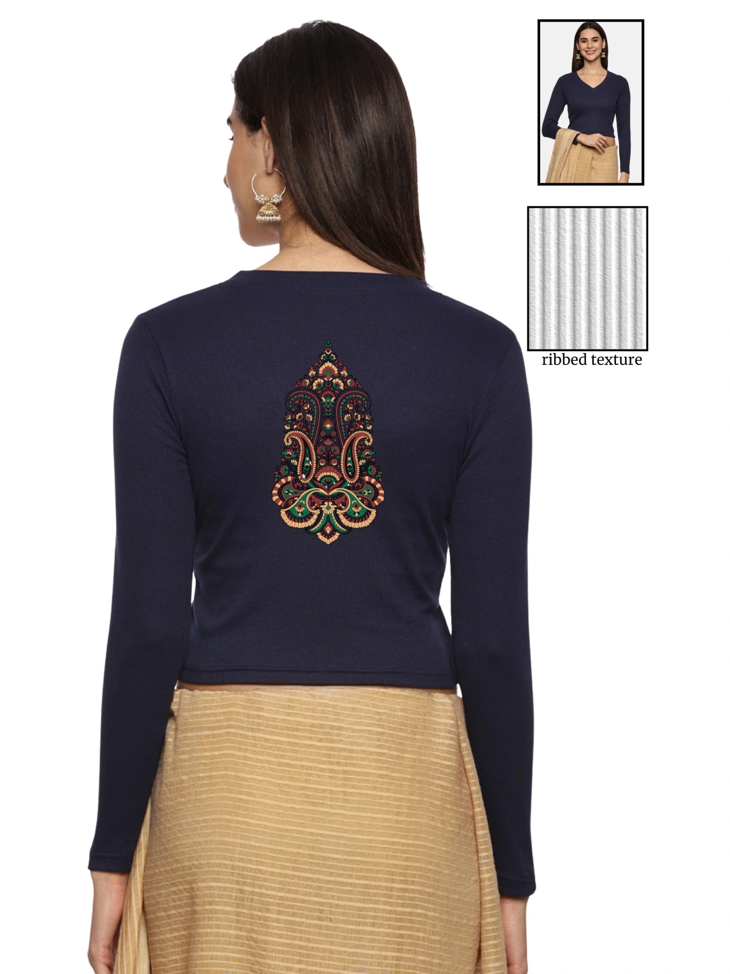Women Back Printed Stretchable Full Sleeve V Neck RIB Blouse U0190 Navy