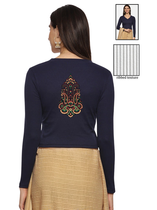 Women Back Printed Stretchable Full Sleeve V Neck RIB Blouse U0190 Navy