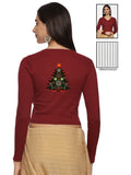 Women Back Printed Stretchable Full Sleeve V Neck RIB Blouse U0192 Maroon