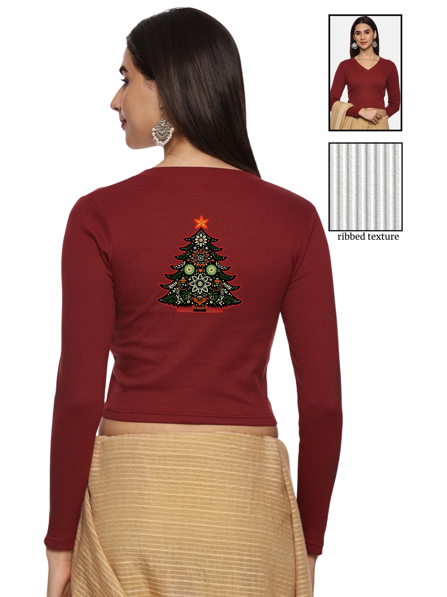 Women Back Printed Stretchable Full Sleeve V Neck RIB Blouse U0192 Maroon