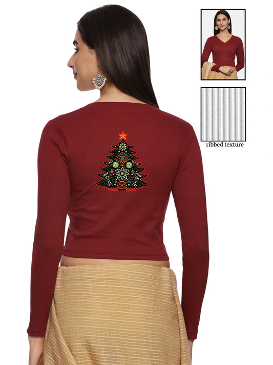 Women Back Printed Stretchable Full Sleeve V Neck RIB Blouse U0192 Maroon