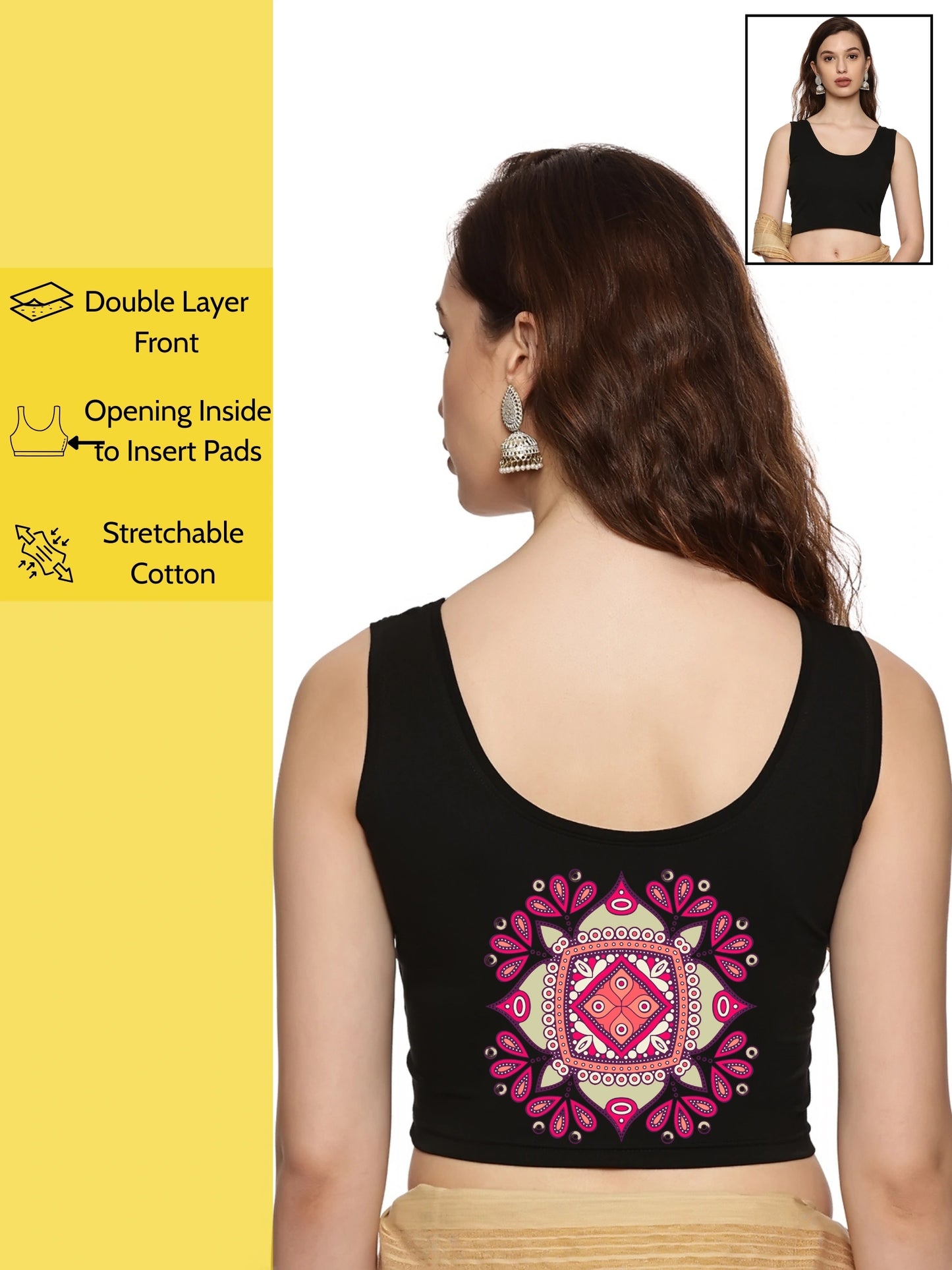 Women Sleevless Back Printed Stretchable  Blouse U0205 Black