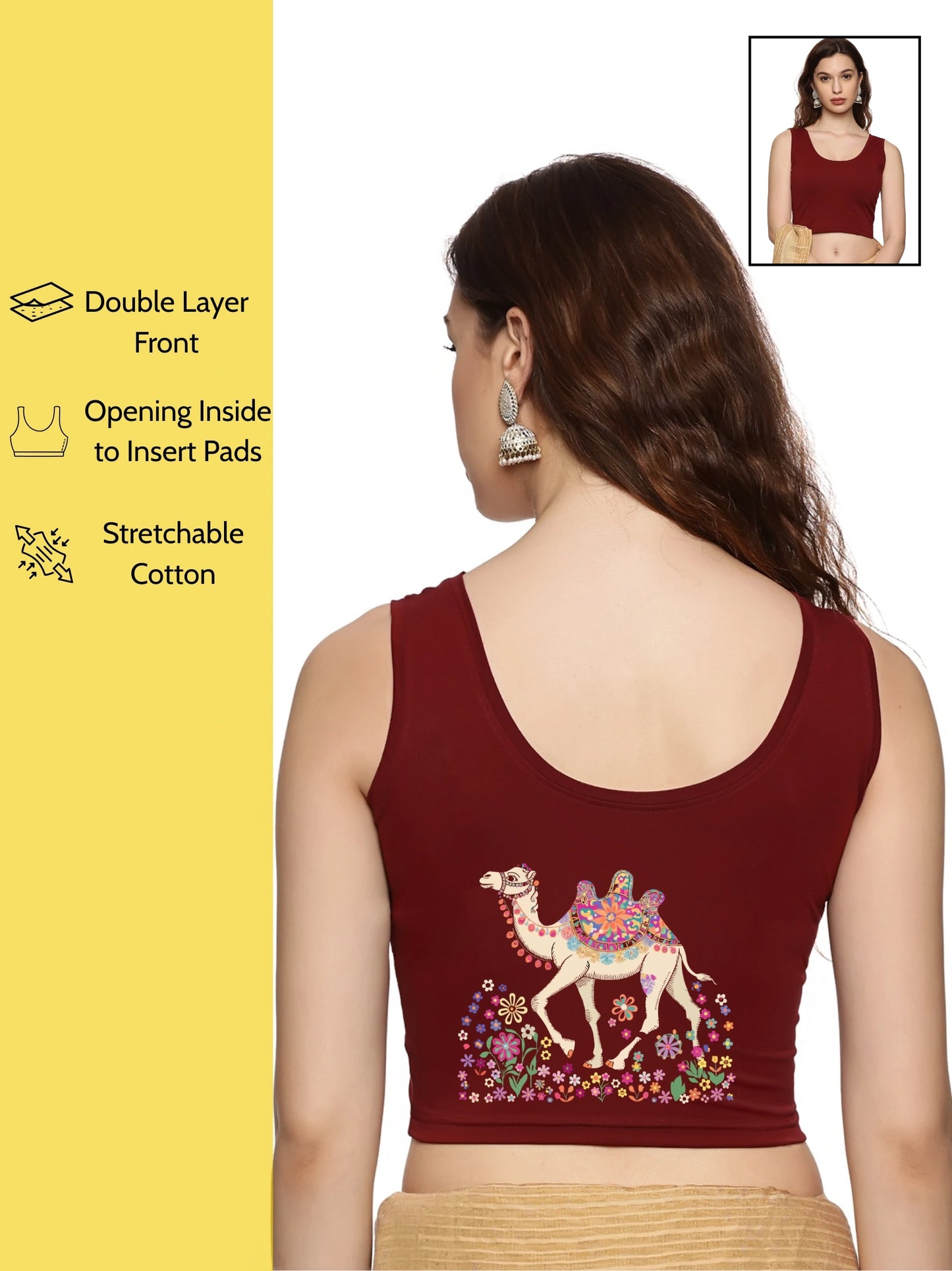 Women Sleevless Back Printed Stretchable  Blouse U0206 Maroon