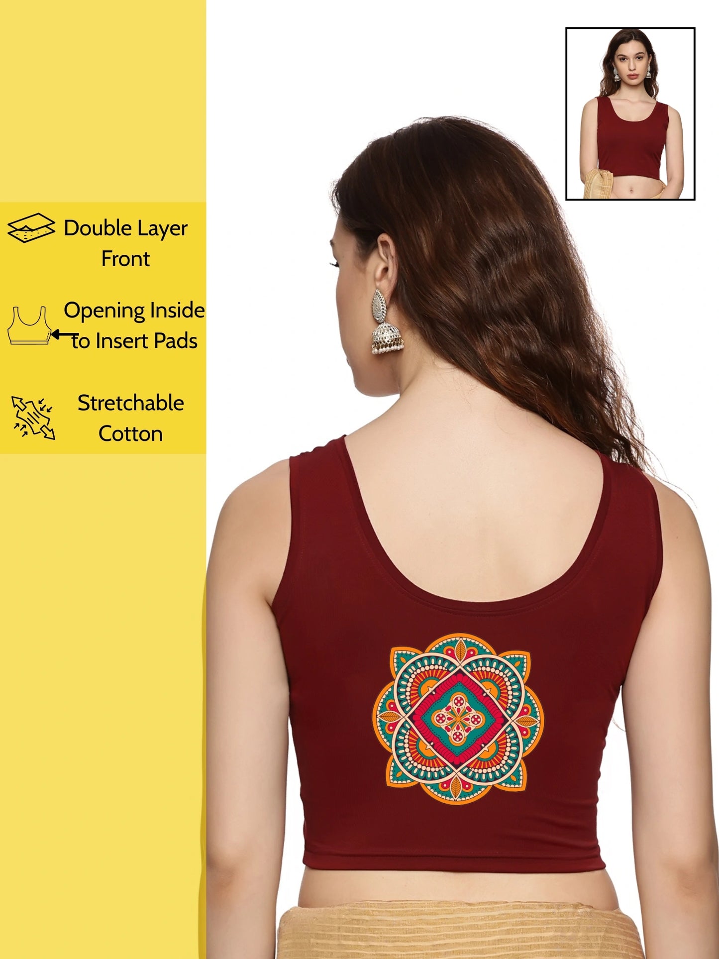 Women Sleevless Back Printed Stretchable  Blouse U0208 Maroon