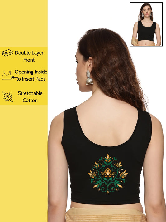 Women Sleeveless Back Printed Stretchable  Blouse U0209 Black