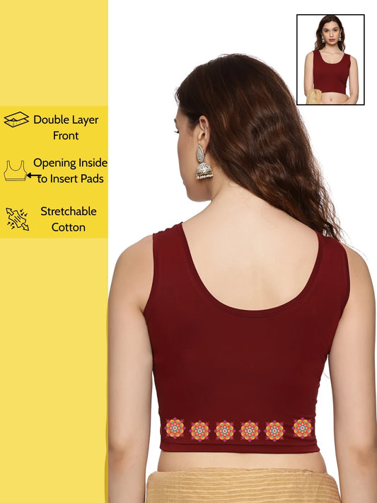 Women Sleeveless Back Printed Stretchable  Blouse U0210 Maroon