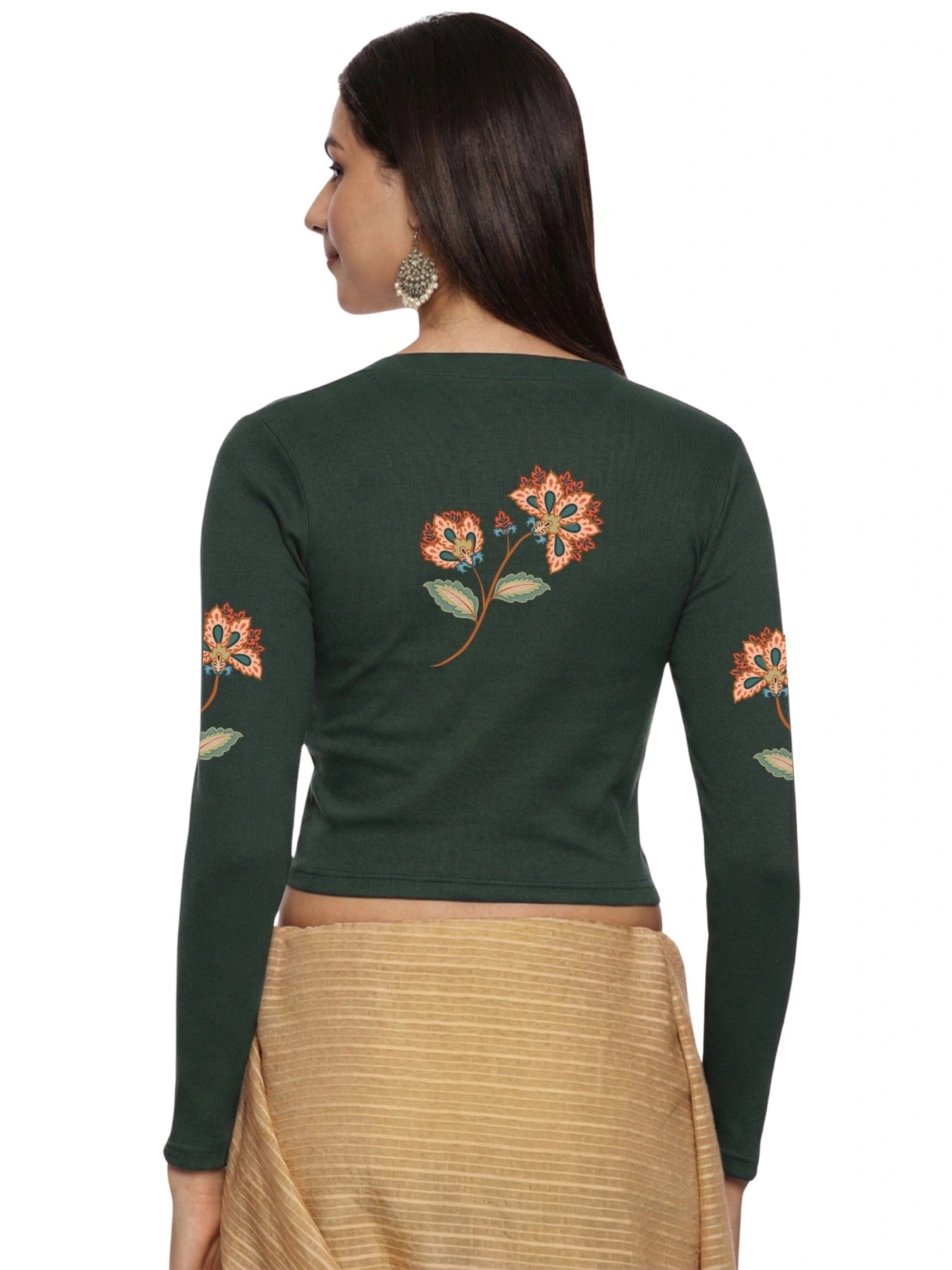 Women Back Printed Stretchable Full Sleeve V Neck RIB Blouse U0211 Khaki Green