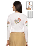 Women Back Printed Stretchable Full Sleeve V Neck RIB Blouse U0211 White