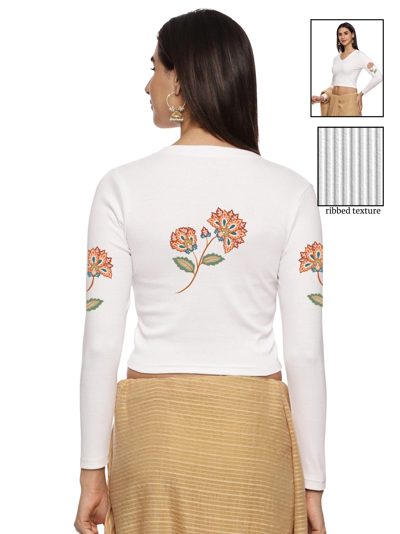 Women Back Printed Stretchable Full Sleeve V Neck RIB Blouse U0211 White