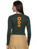 Women Back Printed Stretchable Full Sleeve V Neck RIB Blouse U0213 Khaki Green