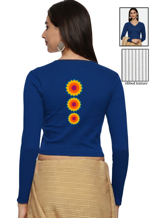 Women Back Printed Stretchable Full Sleeve V Neck RIB Blouse U0213 Royal Blue