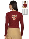 Women Back Printed Stretchable Full Sleeve V Neck RIB Blouse U0214 Maroon