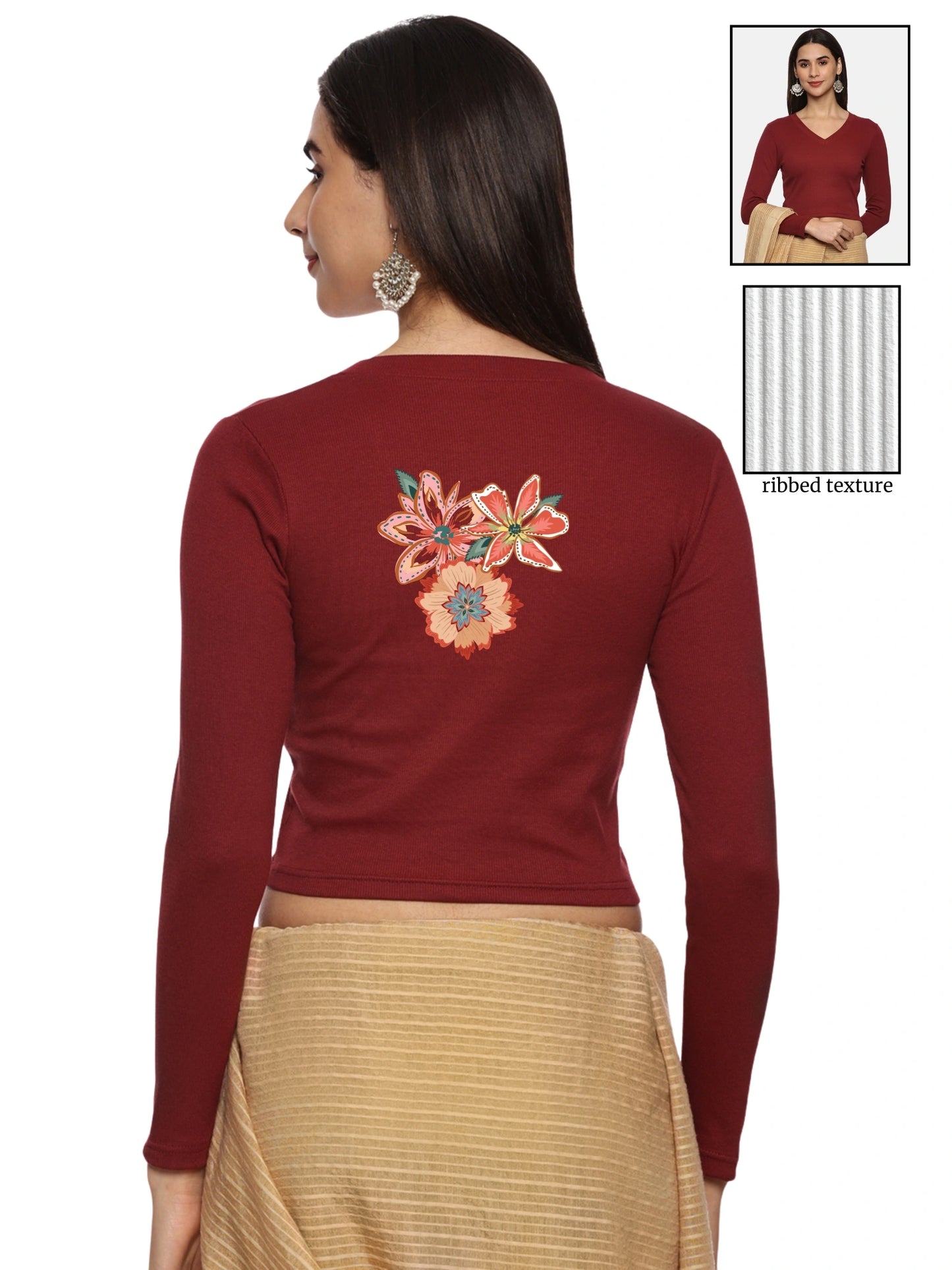 Women Back Printed Stretchable Full Sleeve V Neck RIB Blouse U0214 Maroon