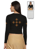 Women Back Printed Stretchable Full Sleeve V Neck RIB Blouse U0215 Black