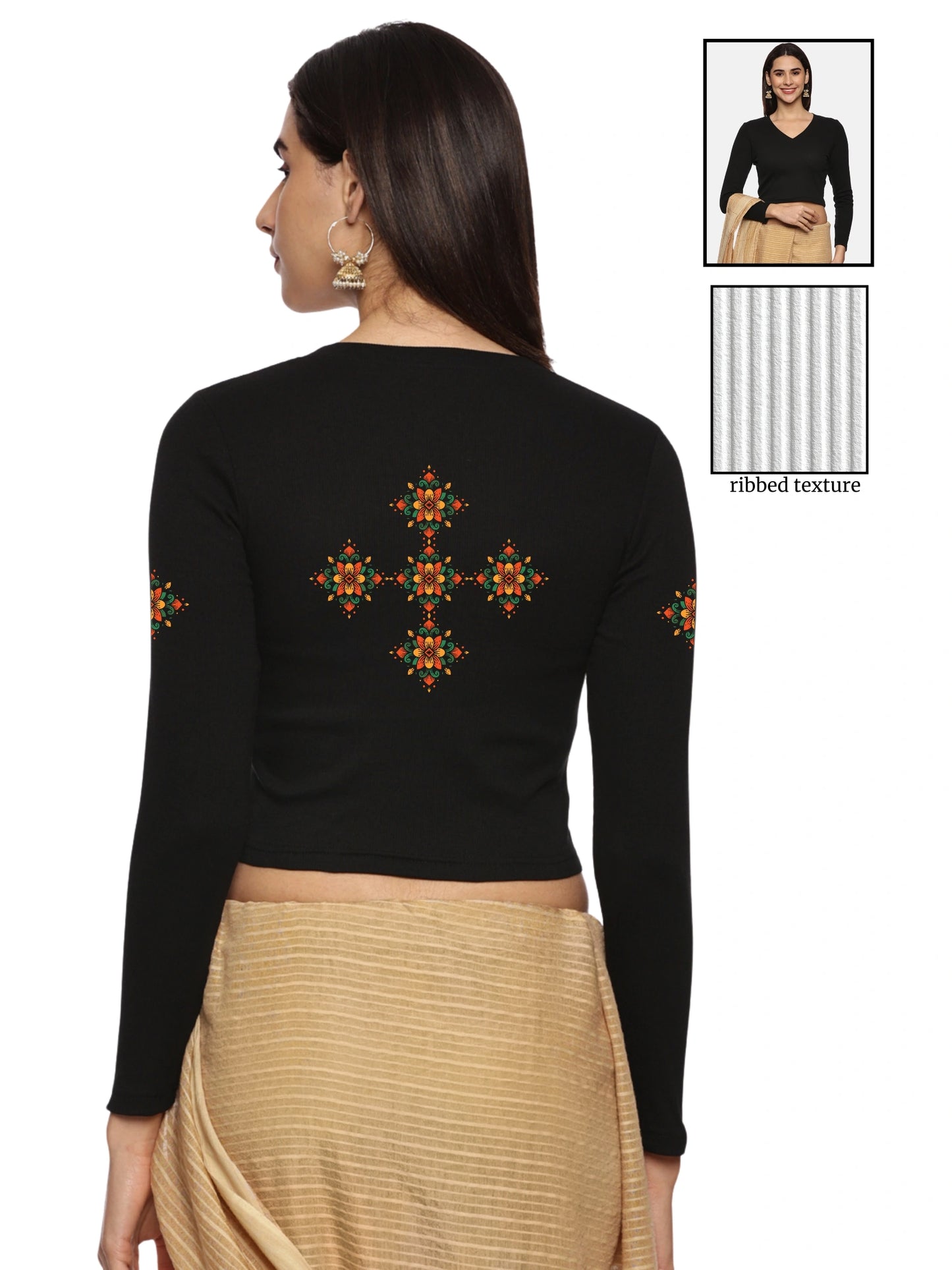 Women Back Printed Stretchable Full Sleeve V Neck RIB Blouse U0215 Black