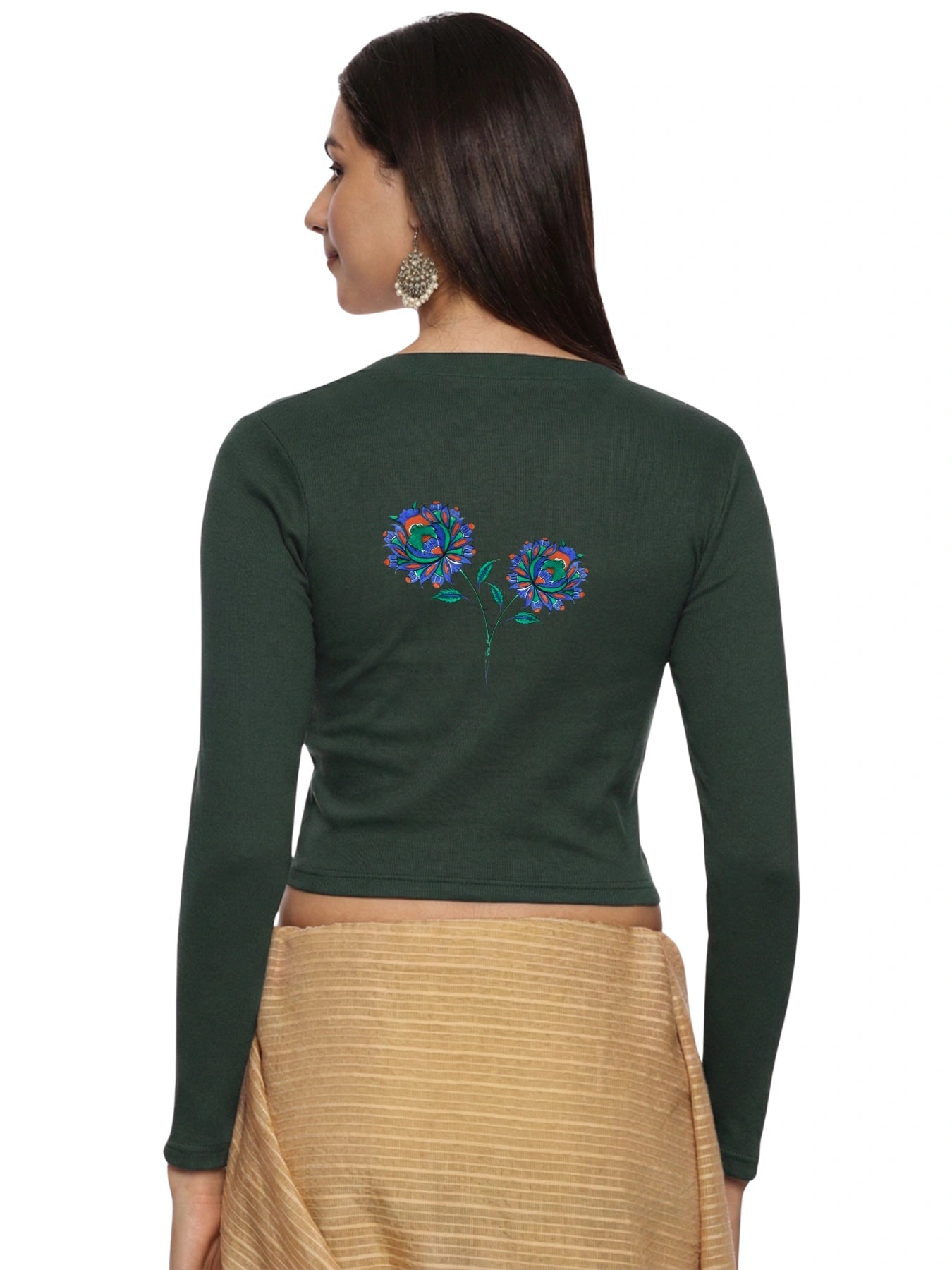 Women Back Printed Stretchable Full Sleeve V Neck RIB Blouse U0216 Khaki Green