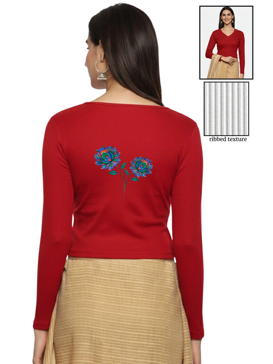 Women Back Printed Stretchable Full Sleeve V Neck RIB Blouse U0216 Red