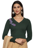 Women Back Printed Stretchable Full Sleeve V Neck RIB Blouse U0217 Khaki Green