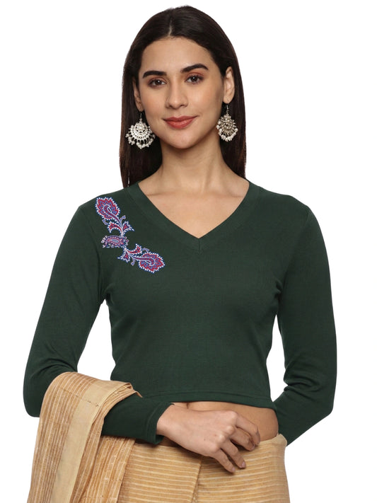 Women Back Printed Stretchable Full Sleeve V Neck RIB Blouse U0217 Khaki Green