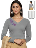 Women Back Printed Stretchable Full Sleeve V Neck RIB Blouse U0217 Elephant Grey