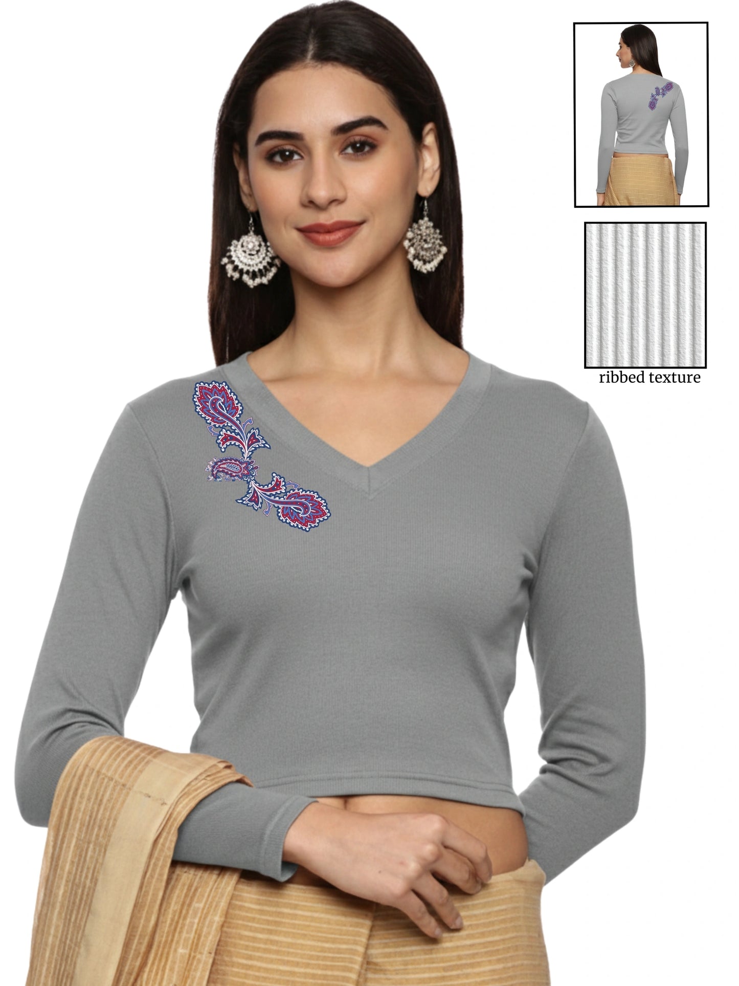 Women Back Printed Stretchable Full Sleeve V Neck RIB Blouse U0217 Elephant Grey