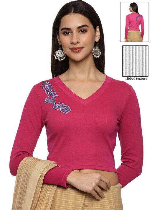 Women Back Printed Stretchable Full Sleeve V Neck RIB Blouse U0217 Rani Pink