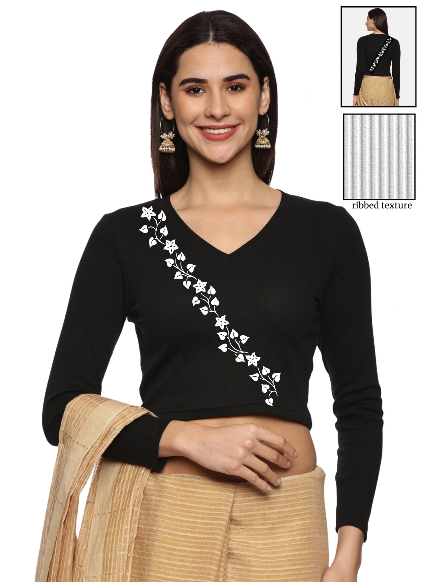 Women Back Printed Stretchable Full Sleeve V Neck RIB Blouse U0219 Black