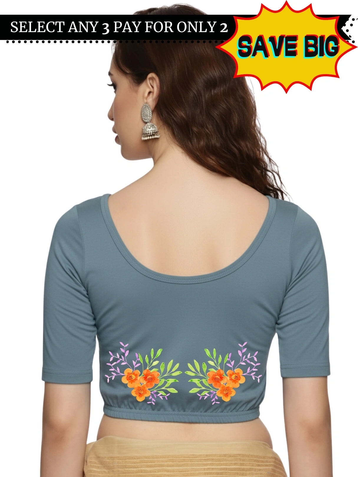 Women Back Printed Stretchable Half Sleeve Blouse U0227 Elephant Grey
