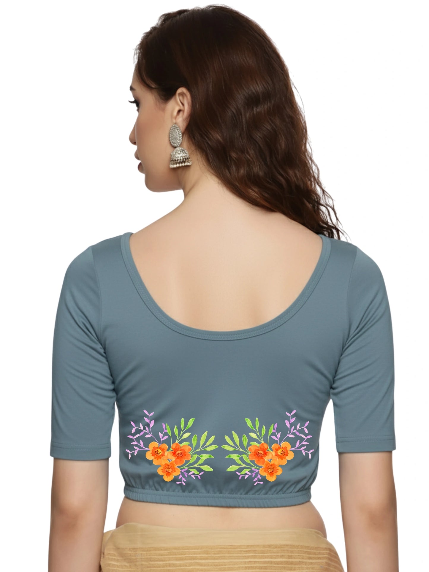 Women Back Printed Stretchable Half Sleeve Blouse U0227 Elephant Grey