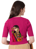 Women Stretchable Rib Square Neck Puff Sleeve Blouse Back Print U0243 Rani Pink