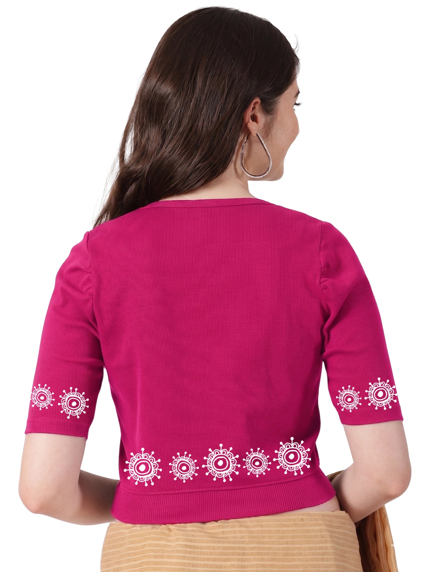 Women Stretchable Rib Square Neck Puff Sleeve Blouse Back Print U0244 Rani Pink