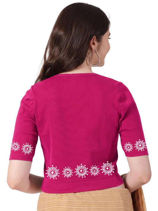 Women Stretchable Rib Square Neck Puff Sleeve Blouse Back Print U0244 Rani Pink