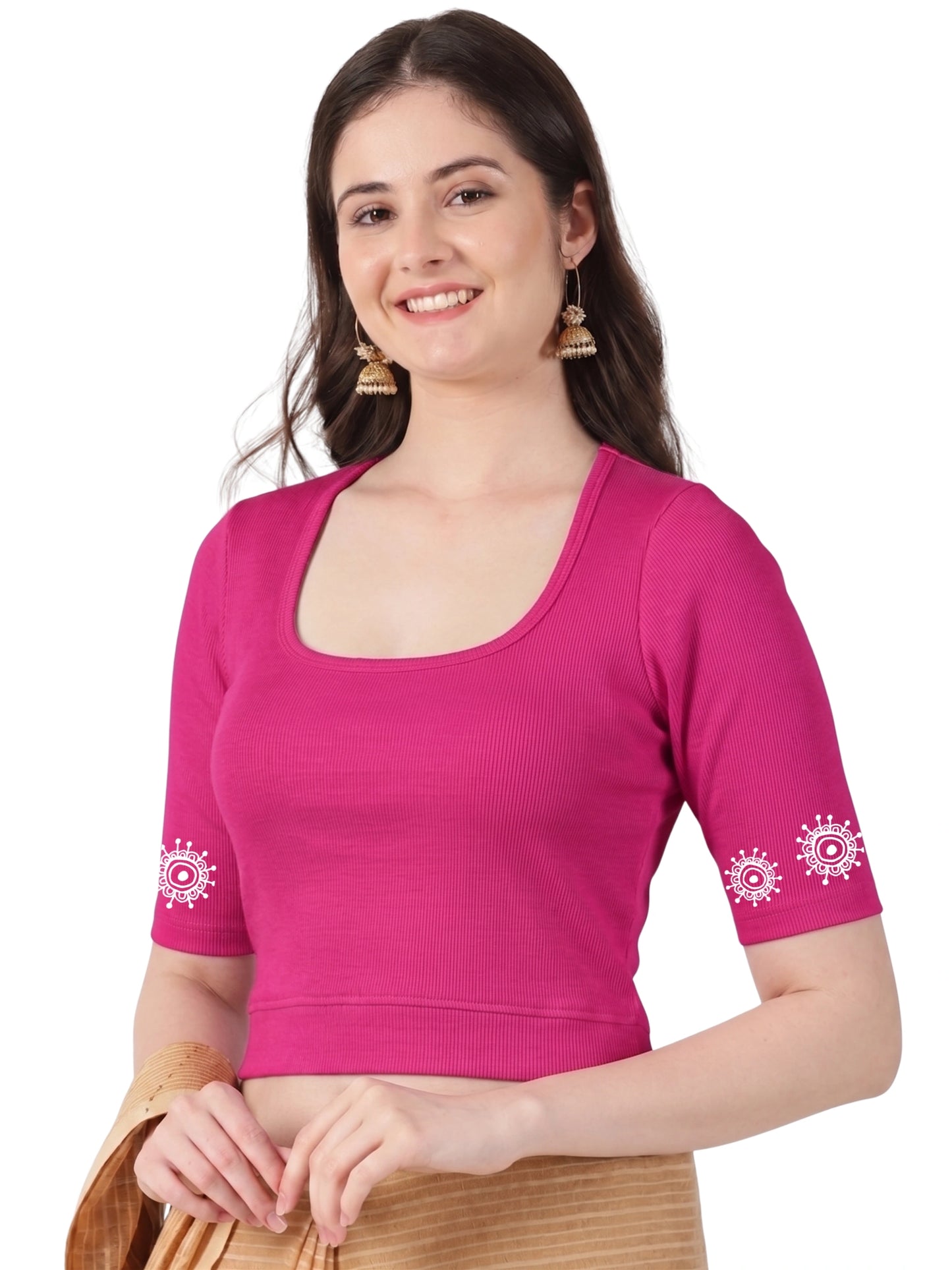 Women Stretchable Rib Square Neck Puff Sleeve Blouse Back Print U0244 Rani Pink