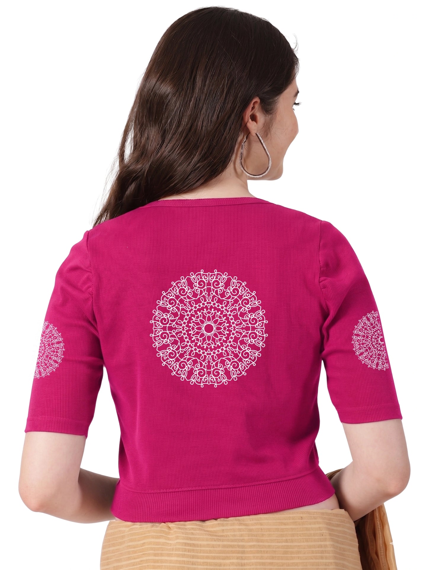 Women Stretchable Rib Square Neck Puff Sleeve Blouse Back Print U0245 Rani Pink