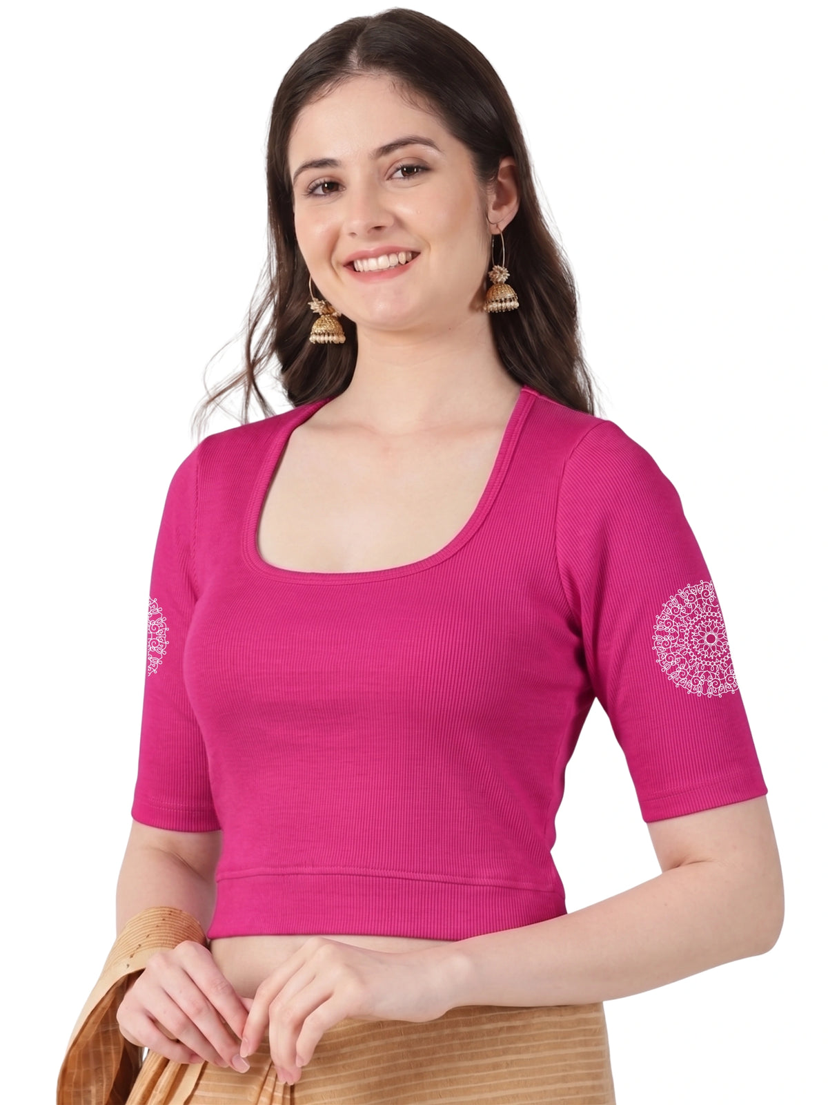 Women Stretchable Rib Square Neck Puff Sleeve Blouse Back Print U0245 Rani Pink