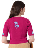 Women Stretchable Rib Square Neck Puff Sleeve Blouse Back Print U0246 Rani Pink
