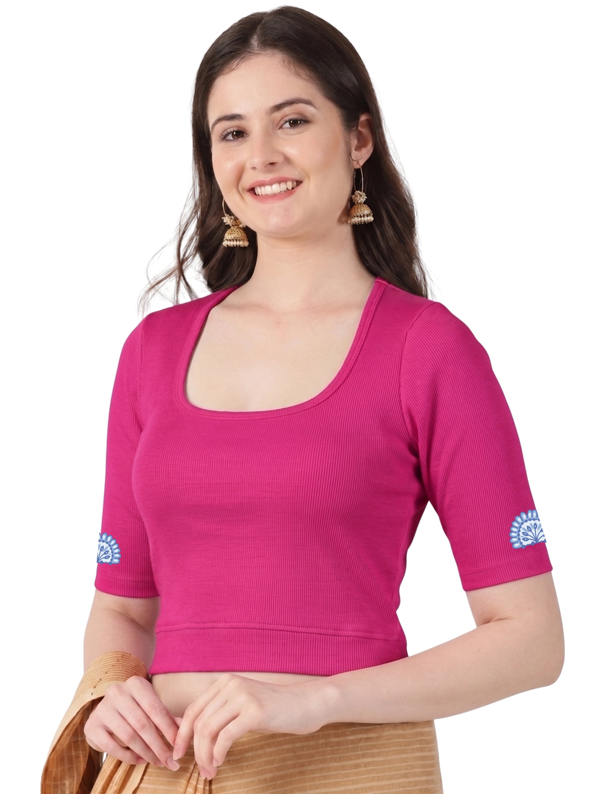 Women Stretchable Rib Square Neck Puff Sleeve Blouse Back Print U0246 Rani Pink