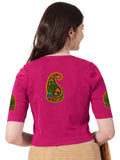 Women Stretchable Rib Square Neck Puff Sleeve Blouse Back Print U0247 Rani Pink