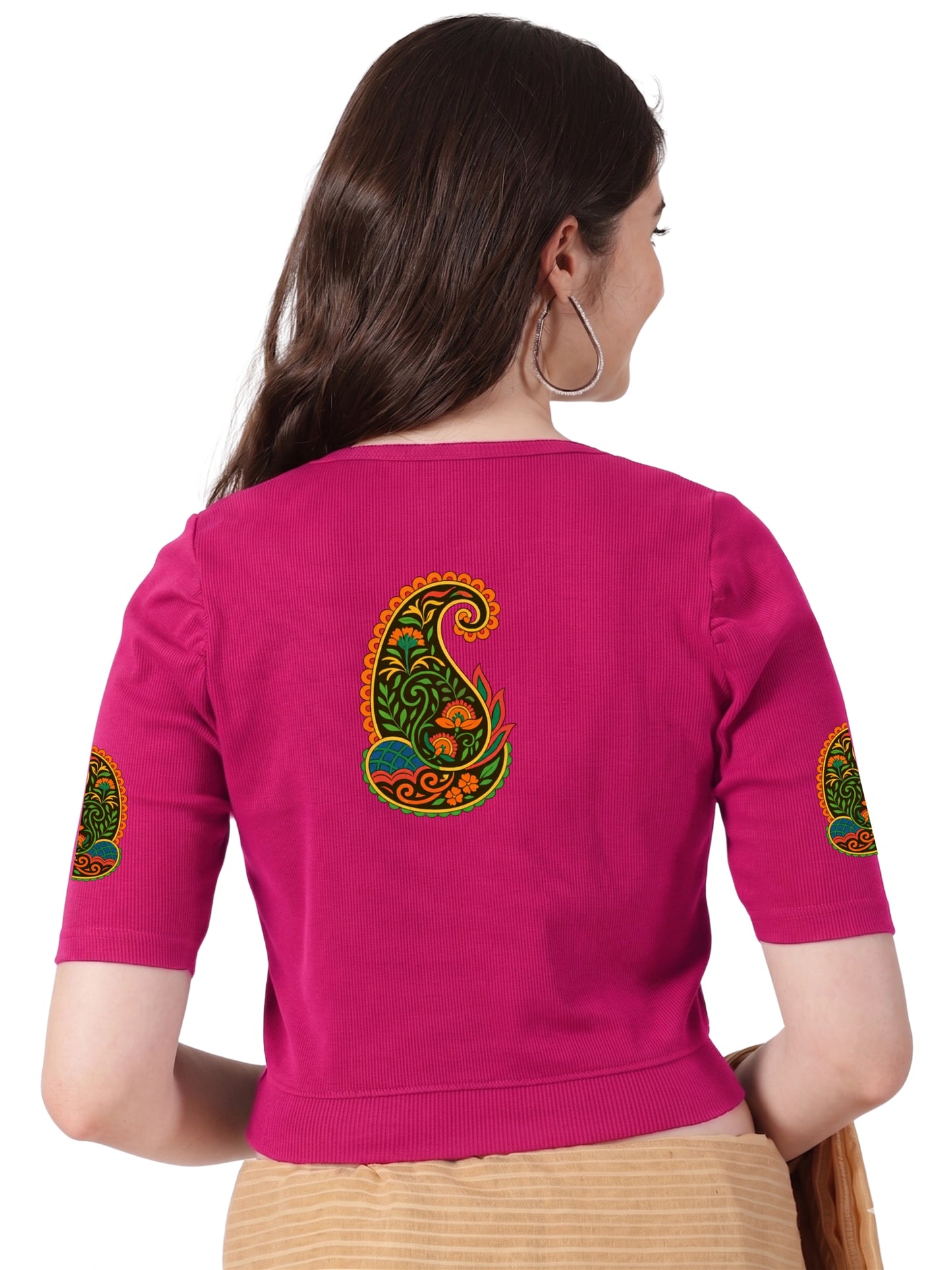 Women Stretchable Rib Square Neck Puff Sleeve Blouse Back Print U0247 Rani Pink