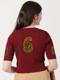 Women Stretchable Rib Square Neck Puff Sleeve Blouse Back Print U0247 Maroon